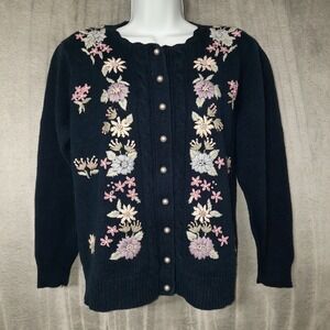 VTG Blue Floral Embroidered Cable Knit Cardigan Size Small Cottage Core Grandma
